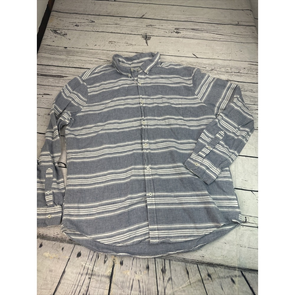 American Eagle Shirt 2XL Linen Cotton Blend Blue White Striped Long Sleeve Soft